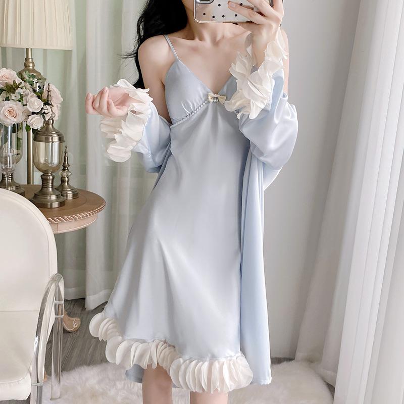 Internet celebrity live female summer new nightgown two-piece ice silk nightgown sexy imitation silk pajamas thin with chest pad