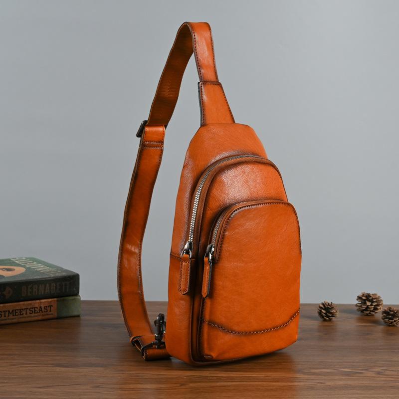 New Product Launch: First Layer Tree Cream Men's Multi Pocket Vegetable Tanned Cowhide Retro Casual Bag, Chest Bag, Crossbody Bag