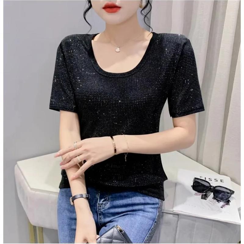 Summer Streetwear Girl Luxury Hot Drill Slim Fit T-Shirt Fashion Temperament O-Neck Short Sleeve Shiny Diamonds Women Tees Tops