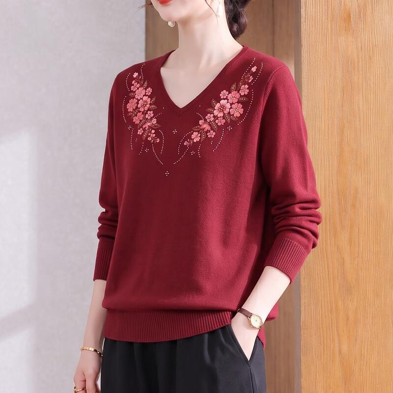 Hengyuanxiang Elegant Embroidered V-Neck Knitted Sweater for Mature Women