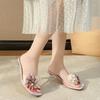 Fashion Flip-flops for Women Summer Wear Flower Clear Crystal Block Heel High Heels Square Toe Fairy Open Toe Sandals and Slippers