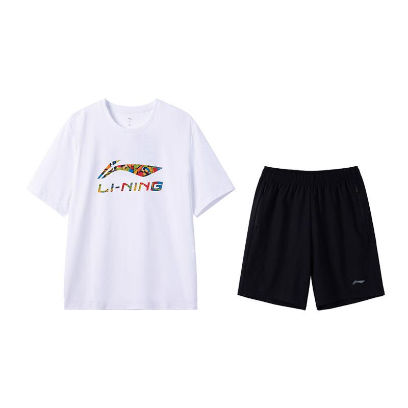 

Универсальная футболка с круглым вырезом и модным логотипом Li-Ning, быстросохнущие шорты, повседневный спортивный костюм, унисекс, Белый Черный W843-4+W515-1 S