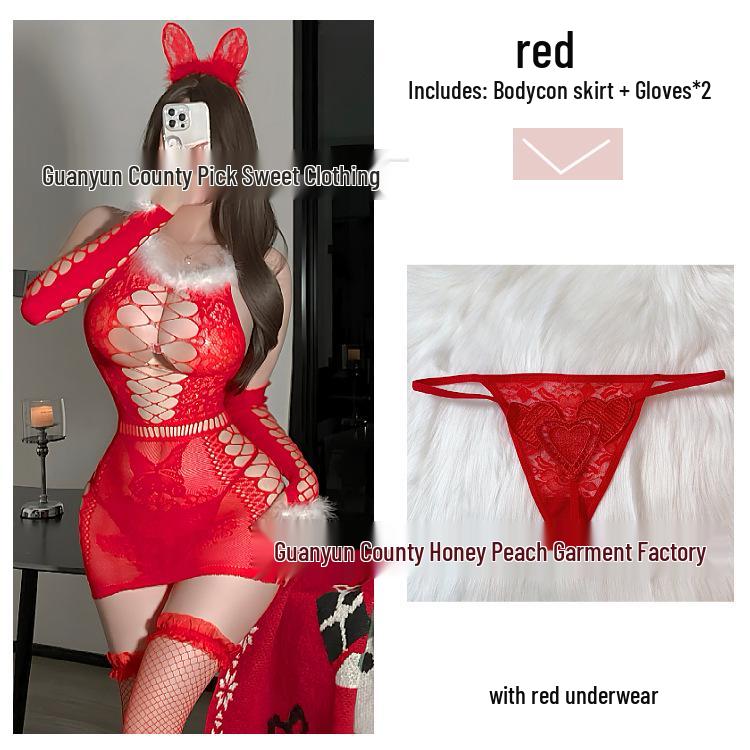 Red Plush Mesh Dress - Sultry Christmas Lingerie & New Year's Eve Attire