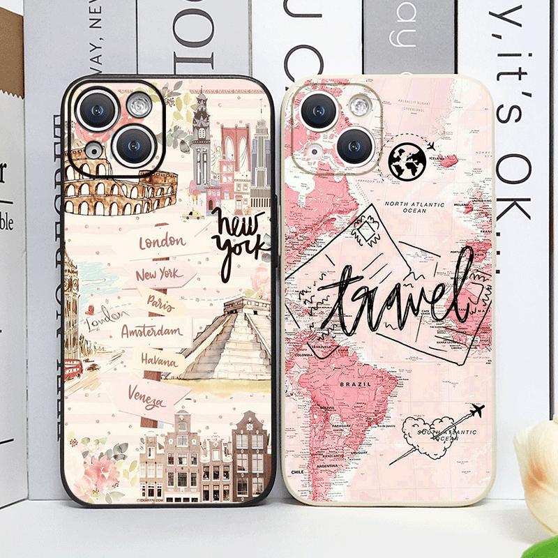 Pink World Map Travel Label Printed Phone Case for IPhone 16 15 14 11 Pro Max 13 12 Mini XR XS X 7 8 Plus SE20 Soft Cover Fundas