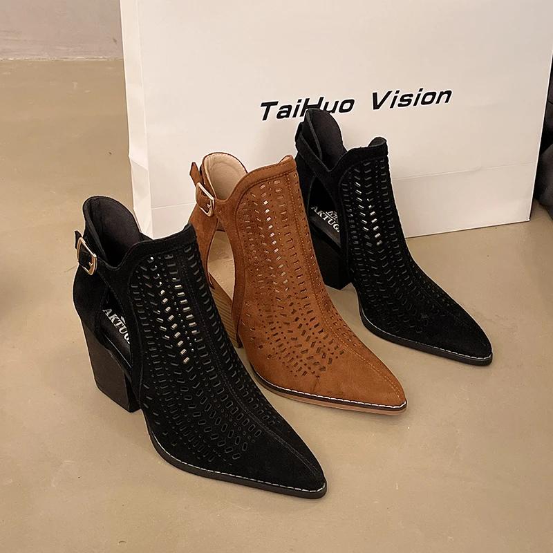 Black Mesh Boots Hollow Short Boots for Women Summer 2025 New Cool Breathable Sandals Pointing Toe Western Denim Boots Platform