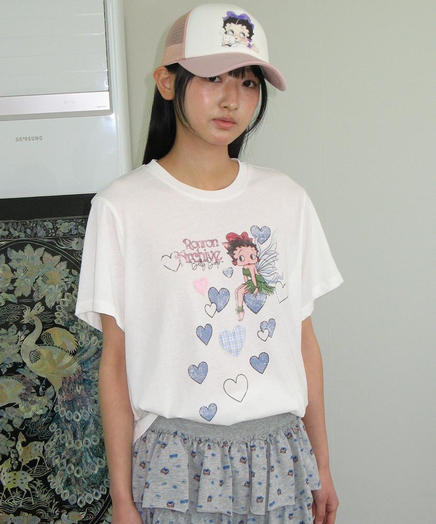 RONRON Betty Boop Fairy Heart Applique Basic Fit T Shirt White