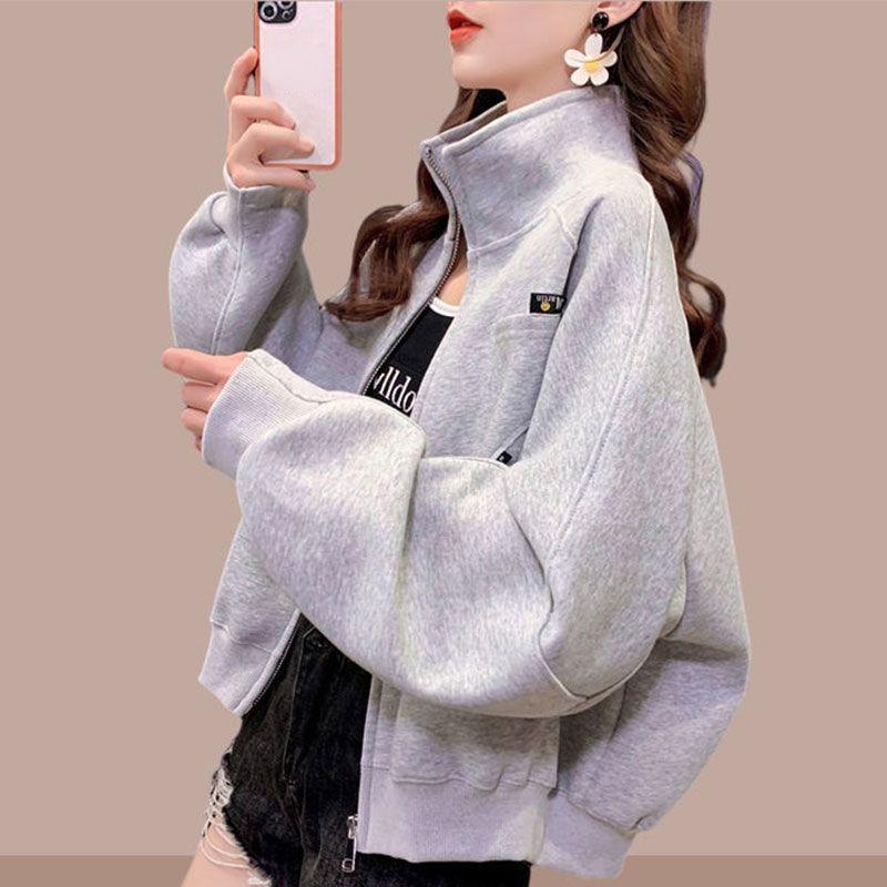 Solid Color Stand Collar Sweatshirt with Stylish Design, Women's Fashionable Outerwear for Autumn and Winter