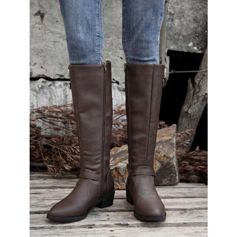 Pointed Buckle Knight Boots Winter 2025 New Plus Size Vintage Block Heel Boots