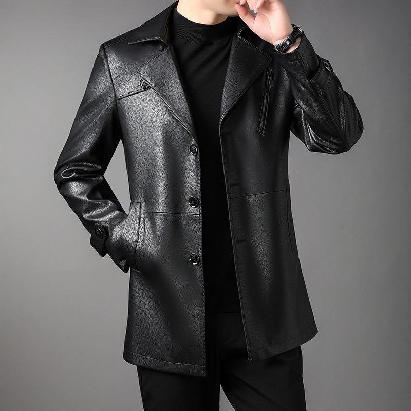 Jaqueta de Couro Veludo Média e Longa Masculina Outono e Inverno Nova Tendência da Moda Versão Coreana Gola de Terno de Botão Único Jaqueta de Couro para Meia-idade
