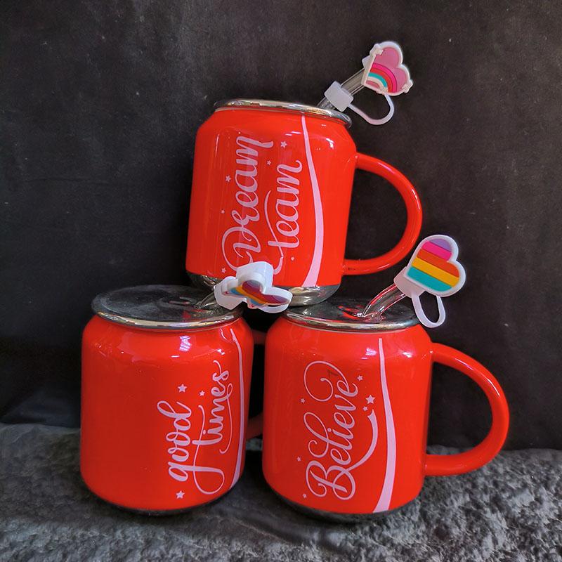 400ml Lovers Coke Cans Water Mug with Straw Lid Ceramic Believe Mugs Coffee Cups Student Couple Drinking Cup Best for Birthday