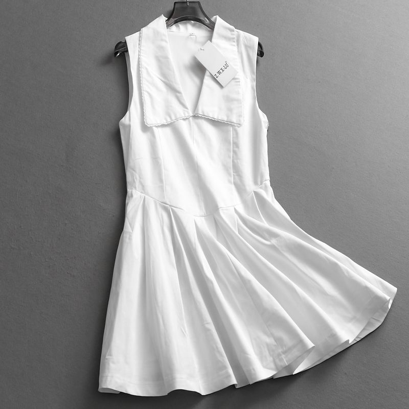 

Pure Color Slimming Waist Lace Edge Younger Peter Pan Collar Girlish Style Vest Skirt A- line Short Skirt for Women Dress Z696 White S