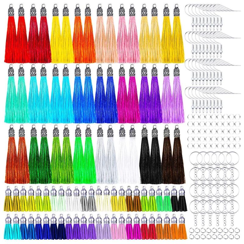 Tassels for Jewelry Making 48 pcs Leather Tassel Keychain Charms Bulk with 96pcs Jump Rings for Earrings for Key Chain C