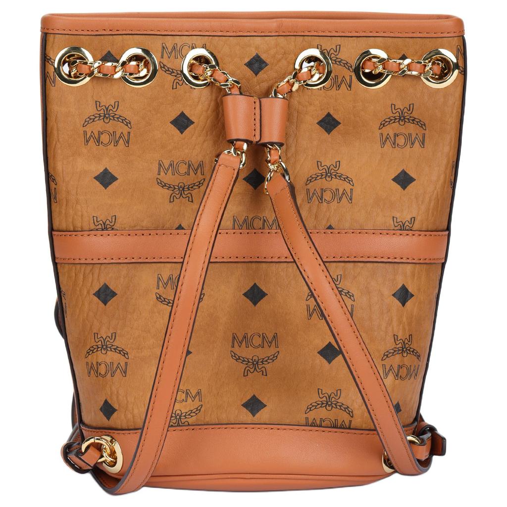 MCM Aren Solid Color Classic Logo Drawstring Closure Bucket Backpack Mini Women backpack Brown MWKDATA01CO001
