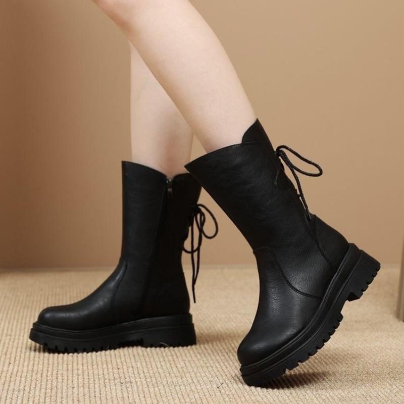 Poloviční kozačky, Měkká kůže, Měkké podrážky s fleecem, Nízký podpatek, Protiskluzové, Kozačky na robustním podpatku, Dámské boty