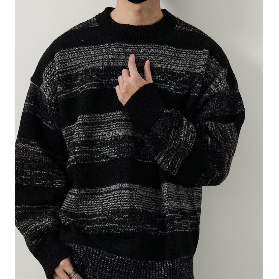 Unisex Retro Striped Color Block Sweater: Trendy Autumn/Winter Round Neck Knit Pullover XL