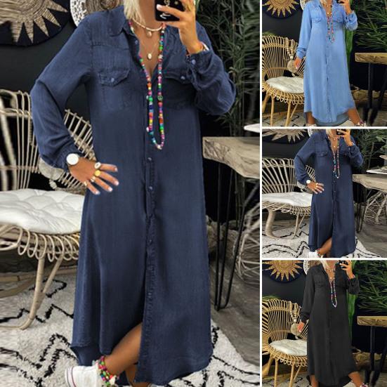 Turn-Down Collar Long Sleeves Women Dress Two Pockets Solid Color Single Breasted Denim Maxi Dress Ladies Clothing
