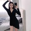Autumn Dress Knitting Lady Dresses V-Neck Sexy Knitted Dress Long Sleeve Bodycon Sheath Pack Hip Dress