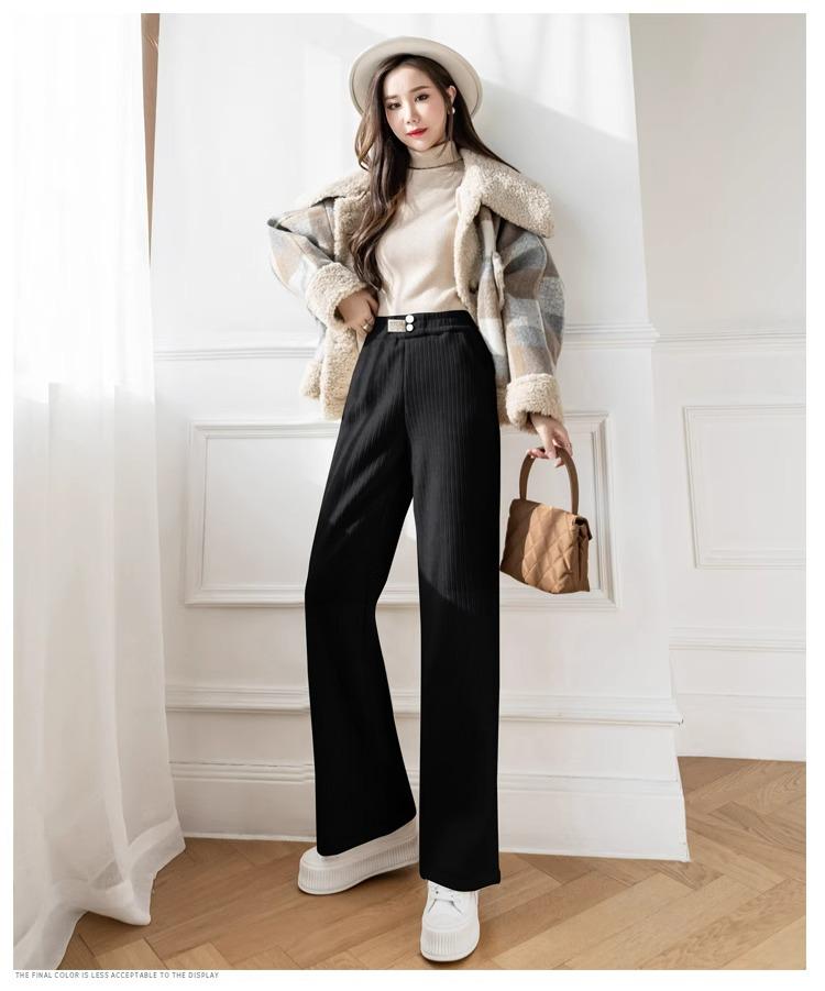 Petite Beige Fleece Chenille Wide-Leg Pants - Women’s High-Waisted Slim-Fit, Autumn/Winter Casual Straight-Leg XS-150