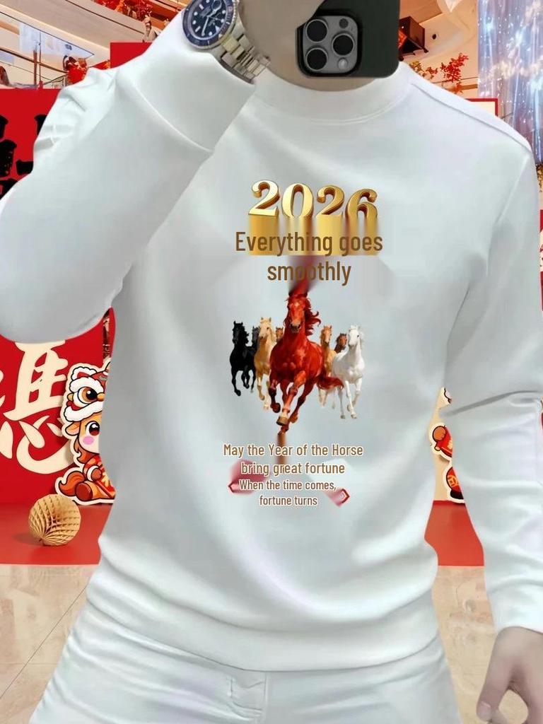 2026 Men's Year of the Horse Crewneck Hoodie: Trendy Winter Velvet Casual Long Sleeve Top