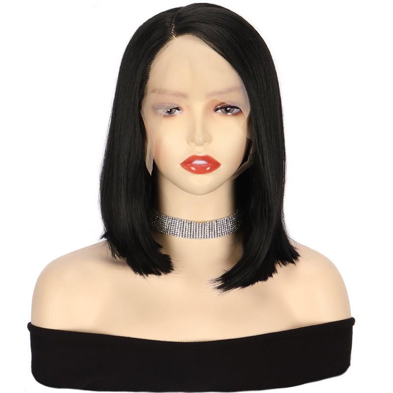 Side Part Lace Front Wig Short Bob Black Synthetic Women 14 Inch
