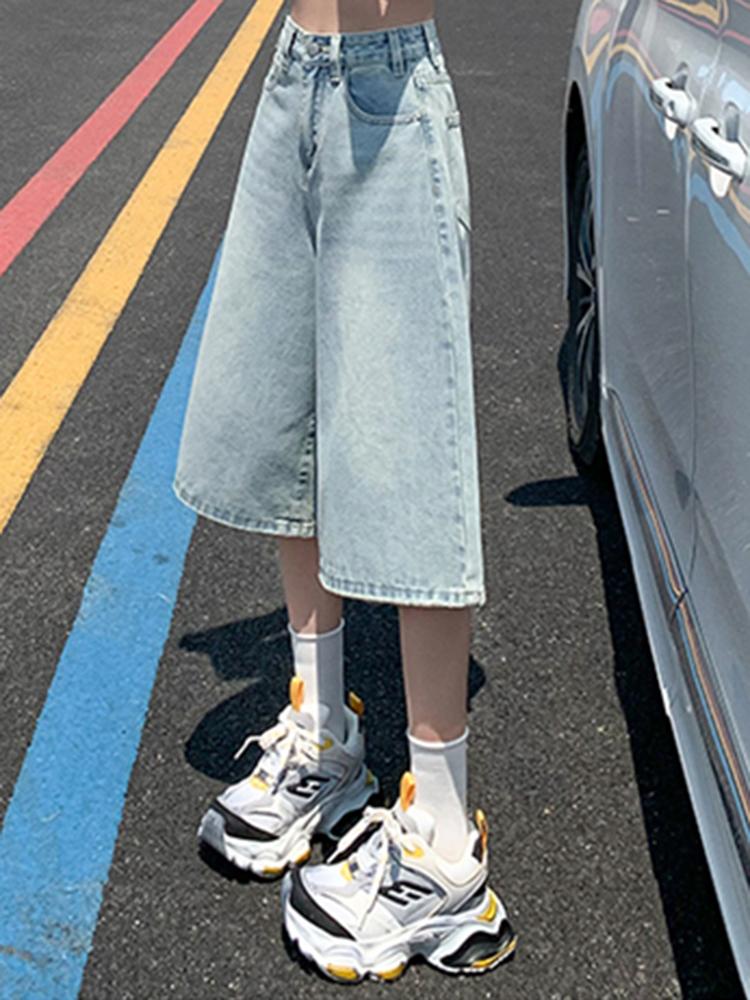 Dámské letní americké vintage pytlovité džínové zkrácené kalhoty, dámské vysoké pasové prané široké džíny, světle modré volné kraťasy do A