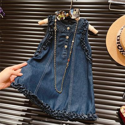 Summer Spring Girls' Bear Leader Fungus Edge Solid Color Three-Button Classic Denim Sleeveless Vest Dress
