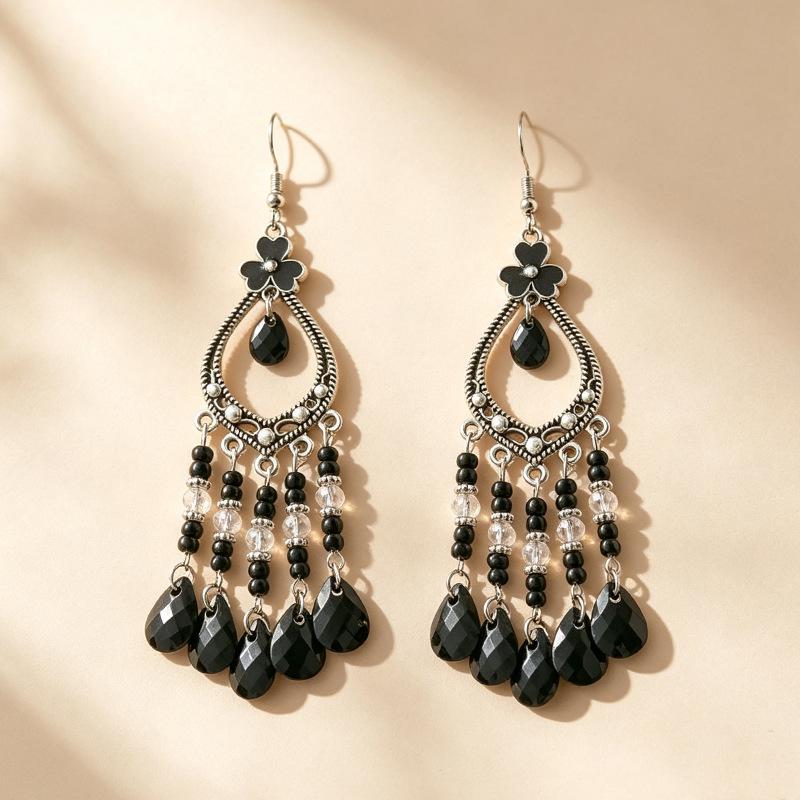Bohemian Crystal Tassel Earrings - Ethnic Style, Slim Face, Exaggerated Design for Travel