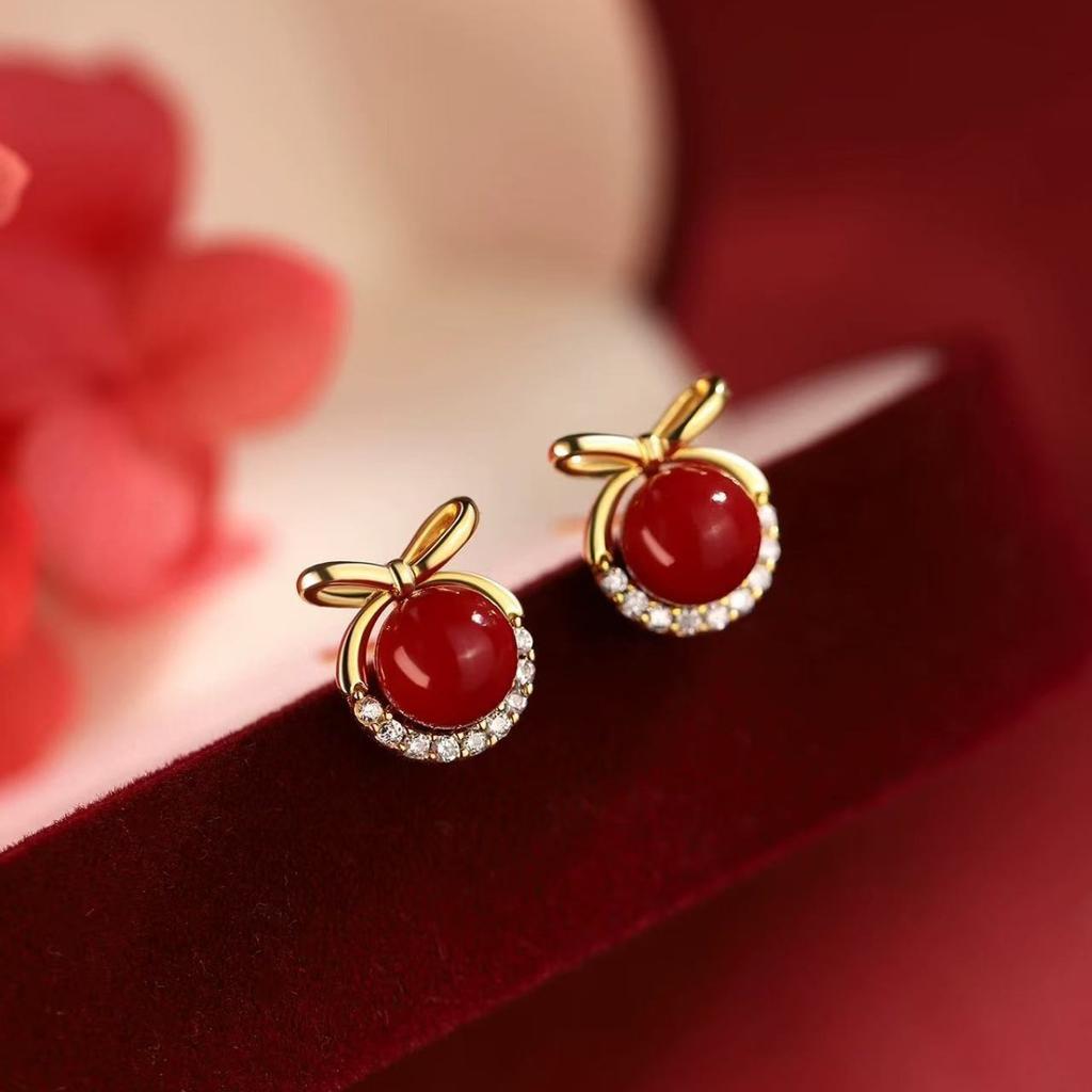 Cute Bow Red Bead Stud Earrings for Women, Shiny Zircon Halo Red Pearl Earrings Fashion Jewelry