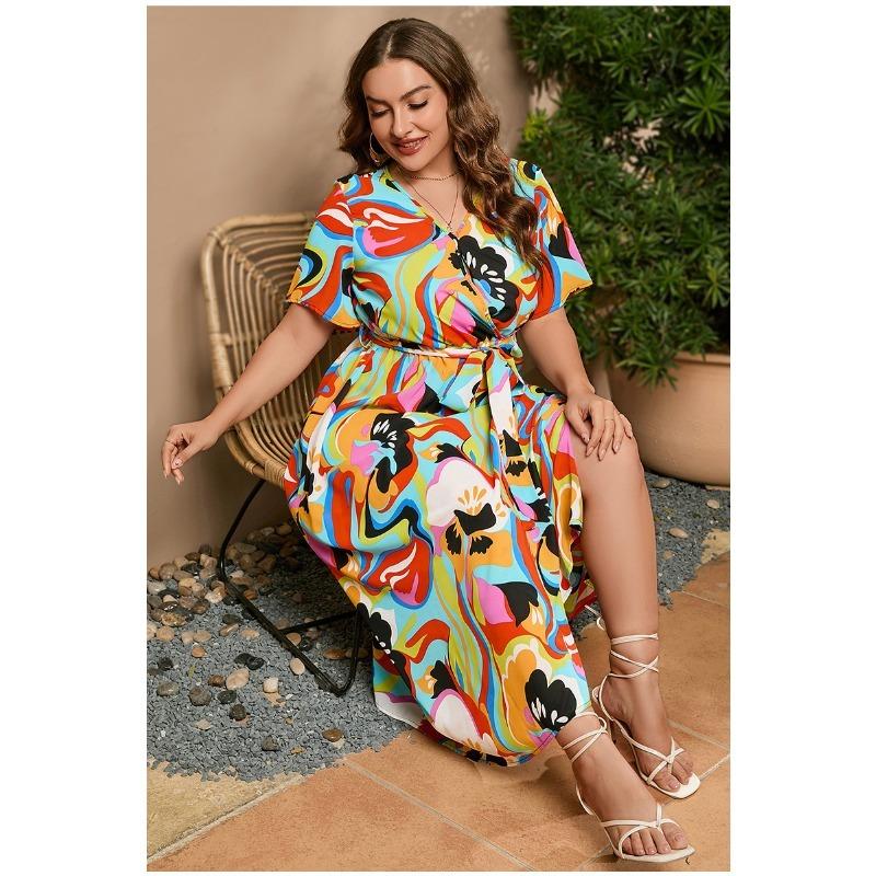 Summer Women Dress Short Sleeve High Waist V-Neck Midi Dress Plus Size Sexy Temperament Print Dress