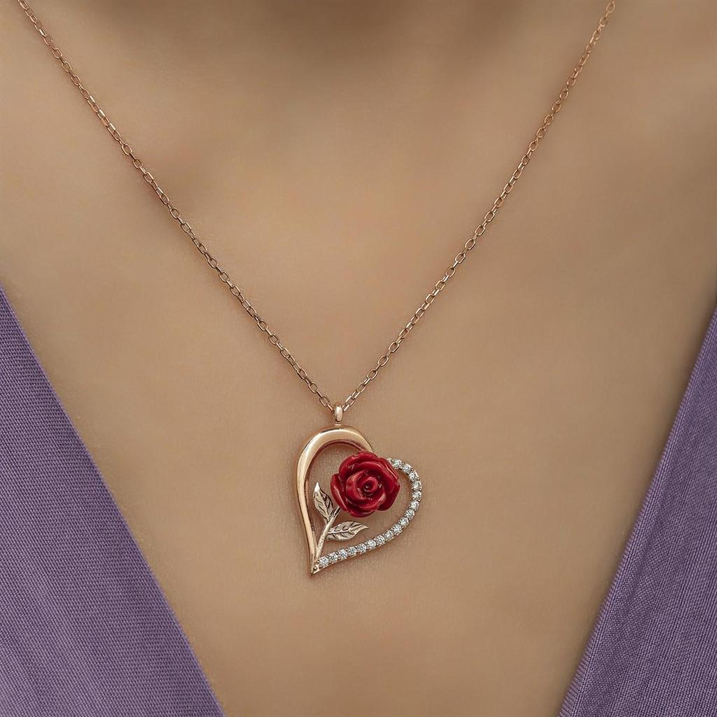 Silberne Damen-Herzhalskette mit rotem Rosenmotiv und Zirkonstein