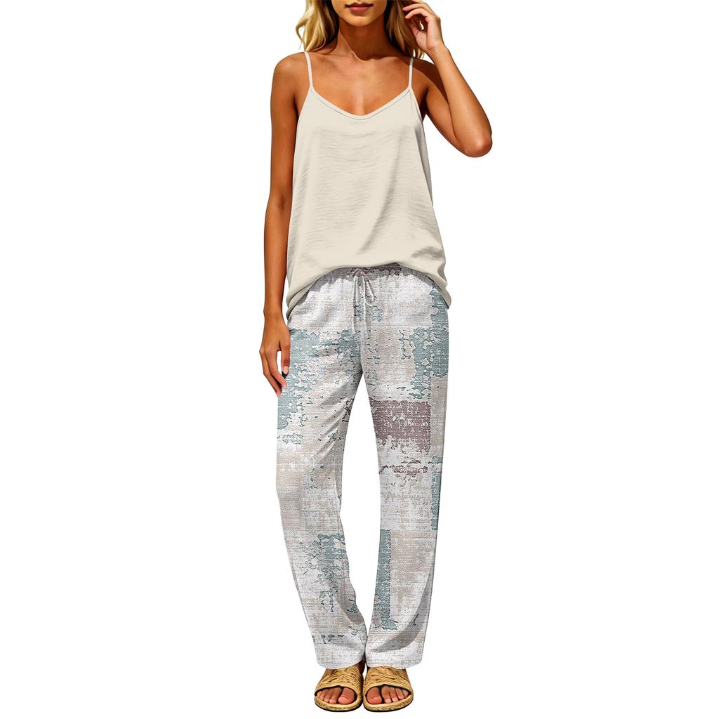Women's 2 Piece Outfit Set, Casual Backless Sleeveless Top with Elastic Waist Long Pants, Suit No Pockets