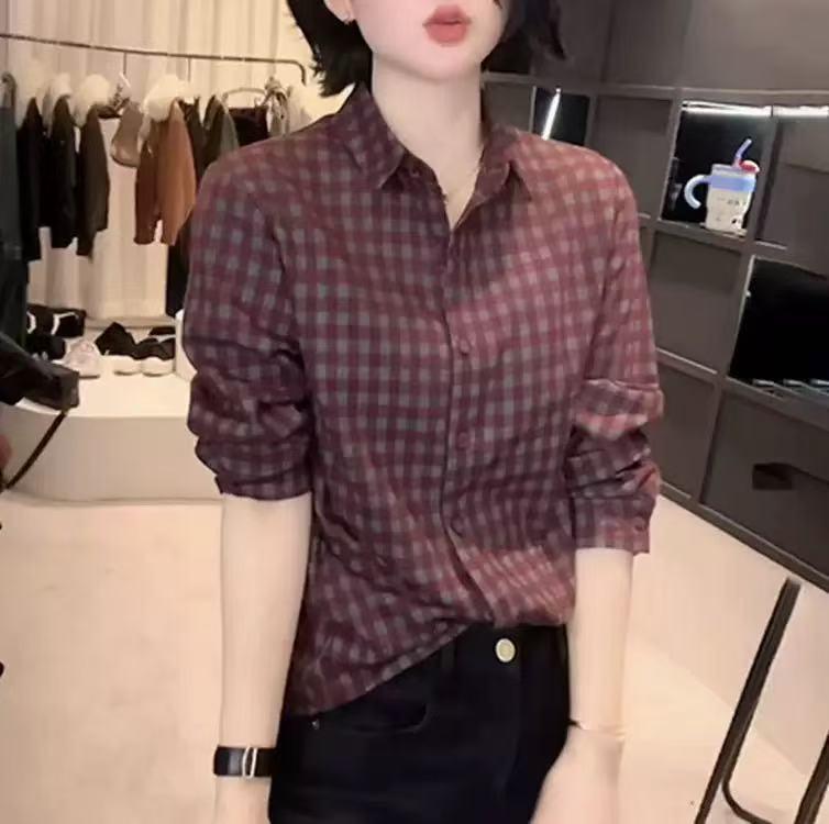 

Women s Slimming Plaid Long Sleeve Shirt - Classic Collar, Age-Reducing Fashion Top 4XL (140-155 jin) червоний