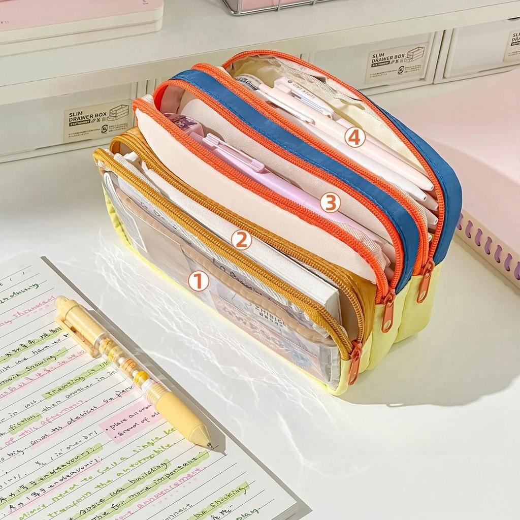 Cream Pencil Bag Pen Case Hitting Color Blocked Staged Type Transparent Front Pocket Storage Pouch for Stationery