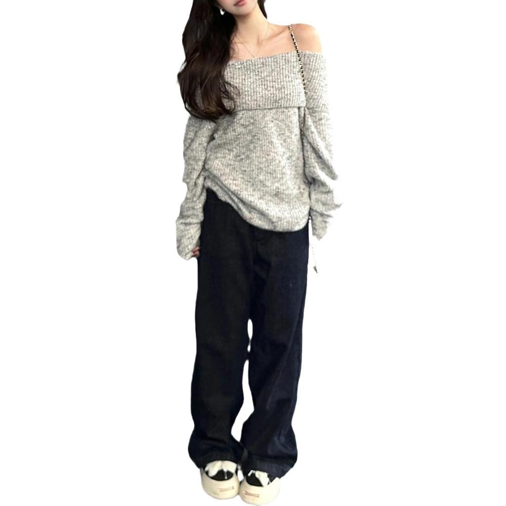 Svetr s odhalenými rameny Pletený top s dlouhým rukávem Pulovr pro ženy Ležérní temperament