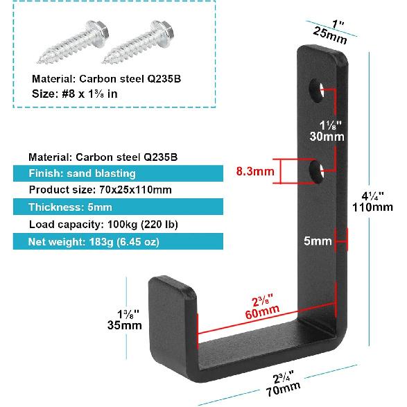 4 Pcs 4-3/8" Heavy Duty Steel Black J Hooks Wall Mount Utility Hook for Hanging Barbells Garage Storage