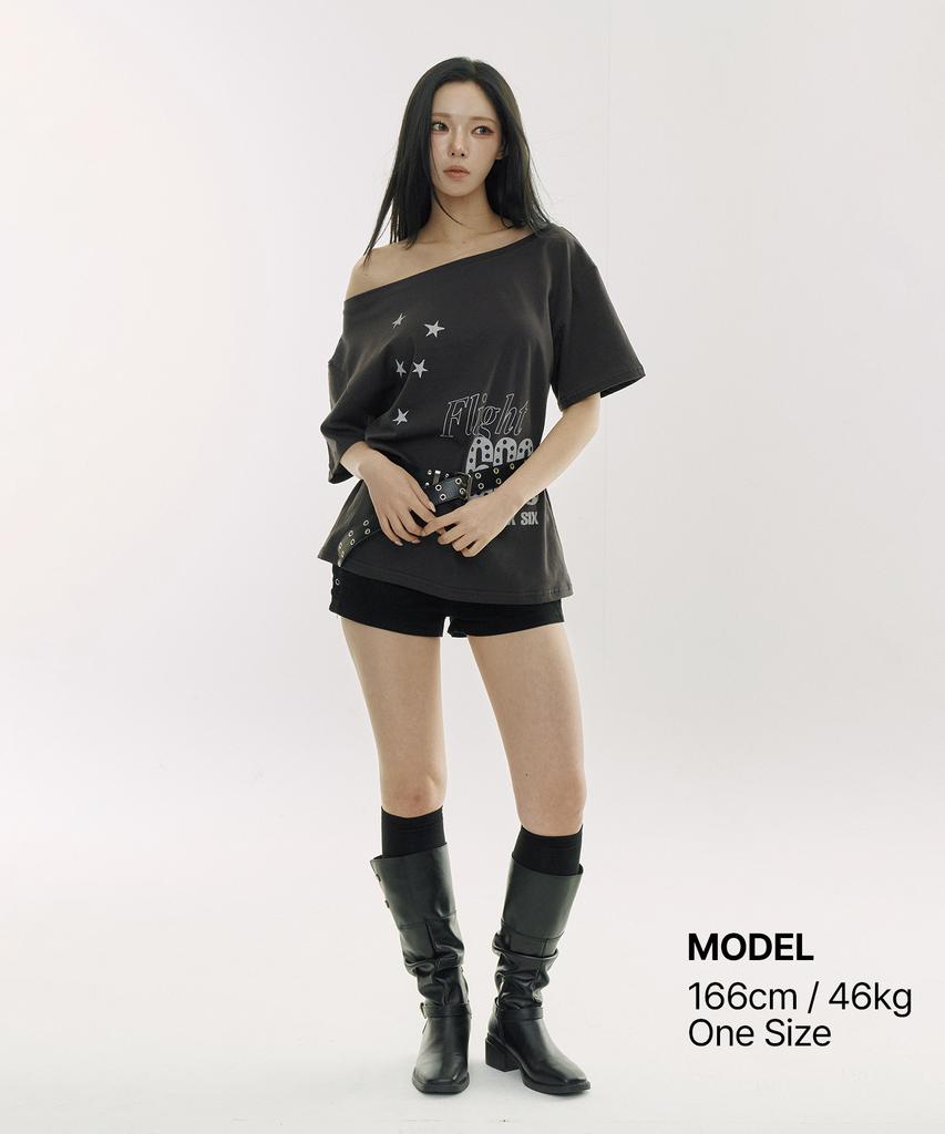 DEFYCLUBROBBERS Flight 666 One Off-Shoulder Boat Neck Short Sleeve T-Shirt (Mint)