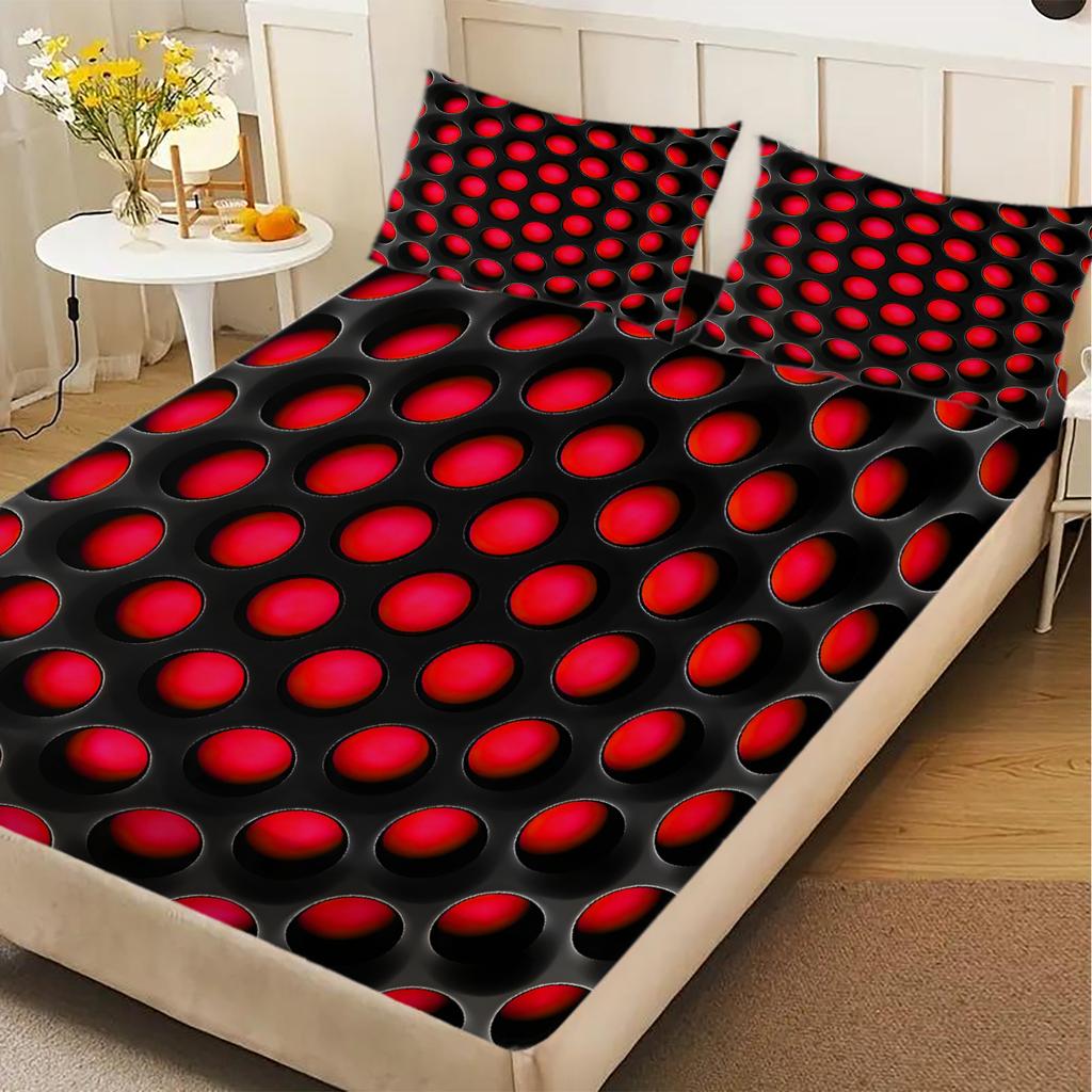 3PCS Red Black Fitted Sheet Set, 100% Polyester Soft Machine Washable, Geometric Oval Modern Energy Print for Teen Adult Room