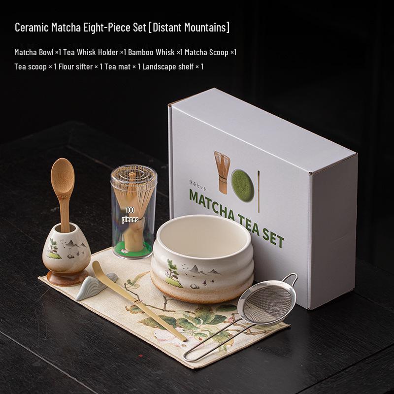 Japanese Ceramic Matcha Tea Set: Large Bowl, Whisk, Sieve, and Bamboo Whisk - 8 Pieces