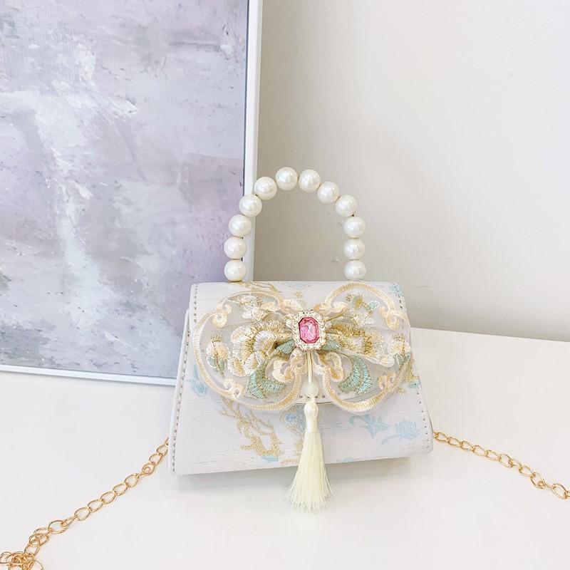 Lovely Geometric Patterned Shoulder Bag For Kids Featuring Chic Tassels And Elegant Pearls