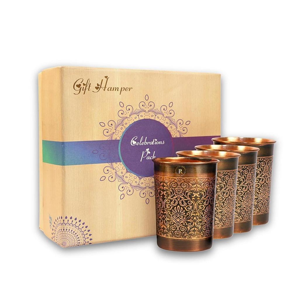 Pure Copper Handcrafted Glasses Set with Gift Box Set of 4 Antique Etching Design for Ayurveda Wellness | Elegant Ayurvedic Benefits