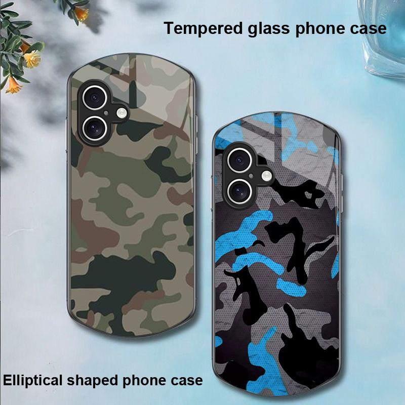 Camouflage Blue For Apple IPhone 16 11 13 15 14 Pro Max 12 Mini 7 8 Plus XR X XS Elliptical Shaped Tempered Glass Phone Case