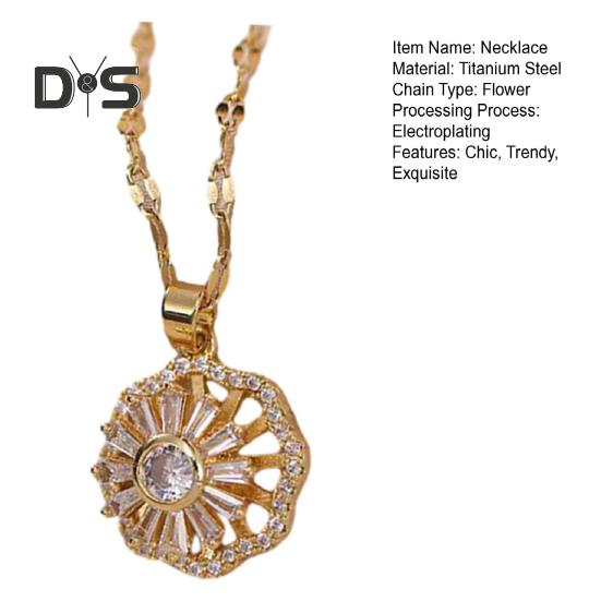 Rotatable Rhinestone Flower Pendant Necklace for Women Titanium Steel Shiny Cubic Zircon Flower Choker Wedding Party Jewelry