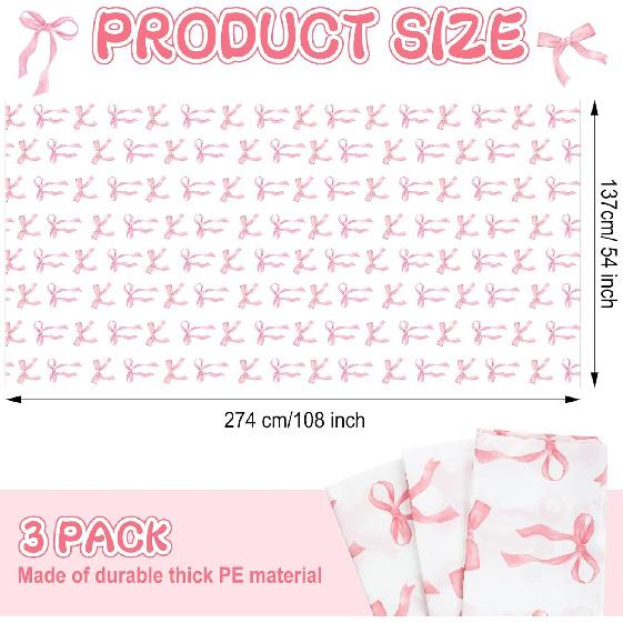 Oudain 3 Pcs Pink Bow Table Cloth 54 x 108 Inch Coquette Bow Table Cover Rectangle Pink Tablecloth Disposable Tablecovers Coquette Party Decorations
