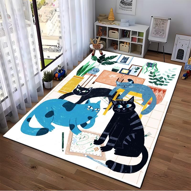 Colorful Illustration Carpet with Playful Cats1Plants1and Art Decor for Home Decor Suitable for Use As an Anti-slip for Room and Bedroom Sofas