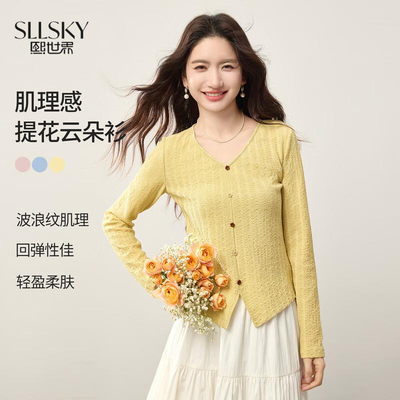 SLLSKY Textured Wave V-Neck Long Sleeve T-Shirt S