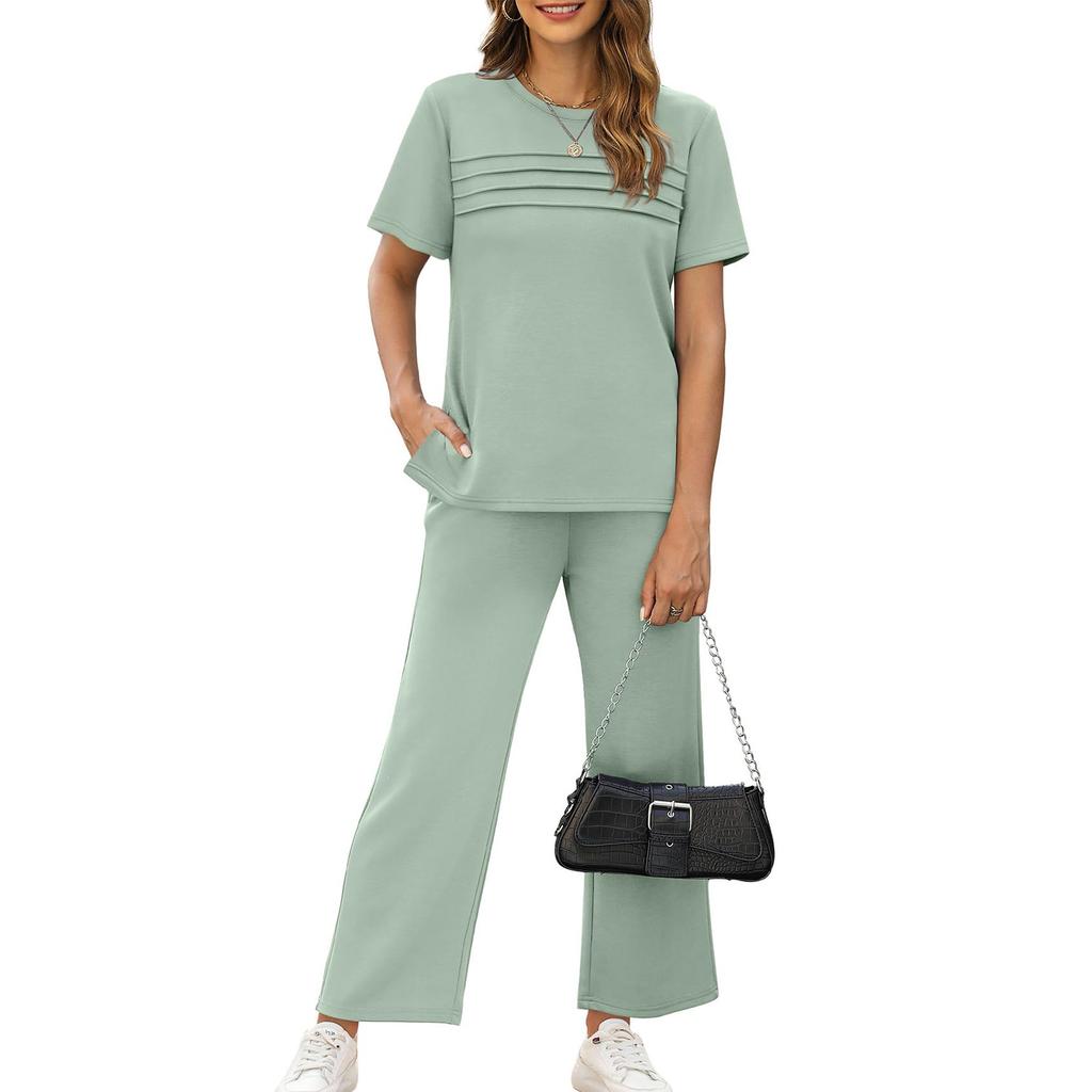 Women's Fashion Color Round Neck Short Sleeved Pleated Top With Drawstring Pockets Casual Pants Sports Two,piece Set