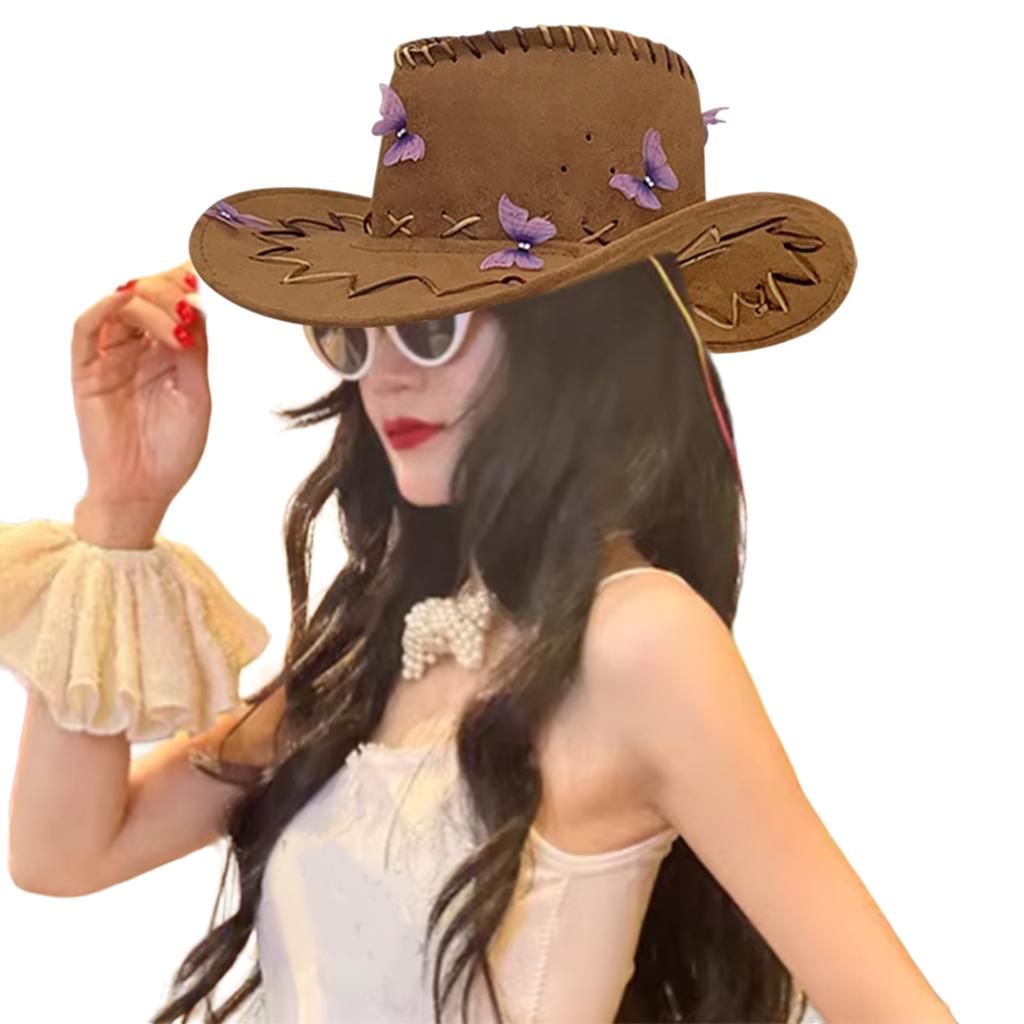 Cowboy Hat for Adult Women with Butterfly Bridal Shower Cowgirl Hat Masquerades Party Costume Hat Music Festival Sun Hat