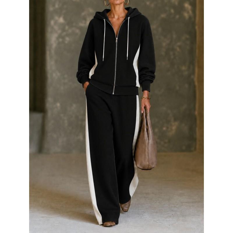 Damen 2-teiliges Freizeit-Set Winter 2026: Color-Block Kapuzen-Reißverschluss-Sweatshirt Weit geschnittene Hose