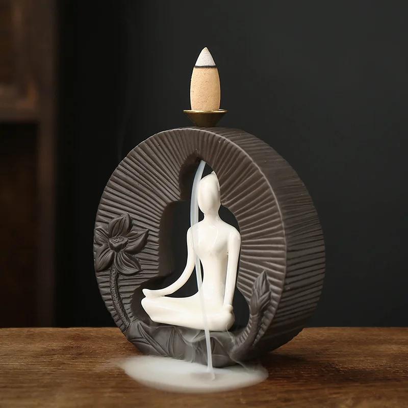 1pc Buddha's Light Shine Type Ceramic Yoga Girl Backflow Incense Burner Use In Office Teahouse Home Decor (Without Incense)