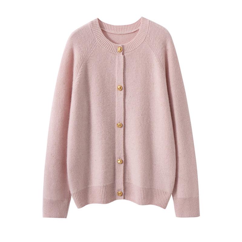 Women's Cashmere Cardigan: Thick, Round Neck, Raglan Sleeves, Versatile Knit for Autumn/Winter.